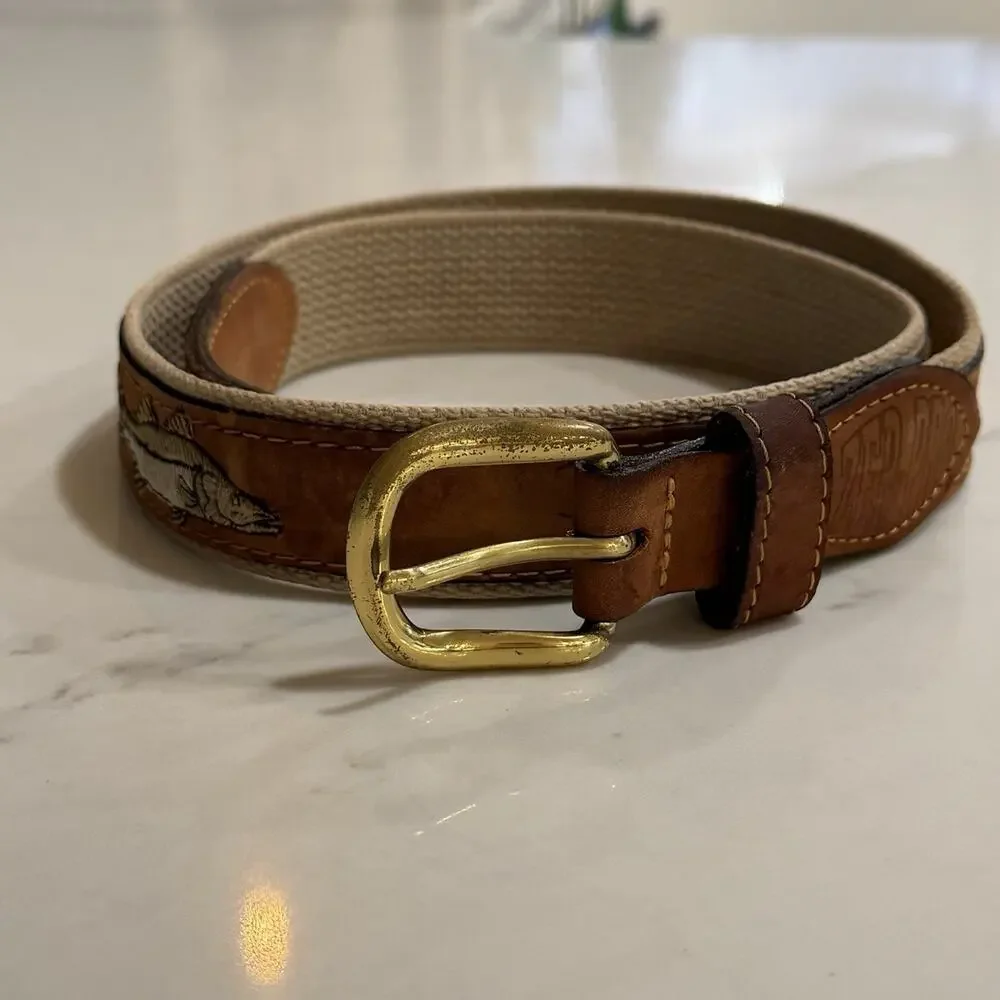 Vintage Zep-Pro Size 36 Fish Embroidered Canvas Leather Belt Brass Buckle Preppy
